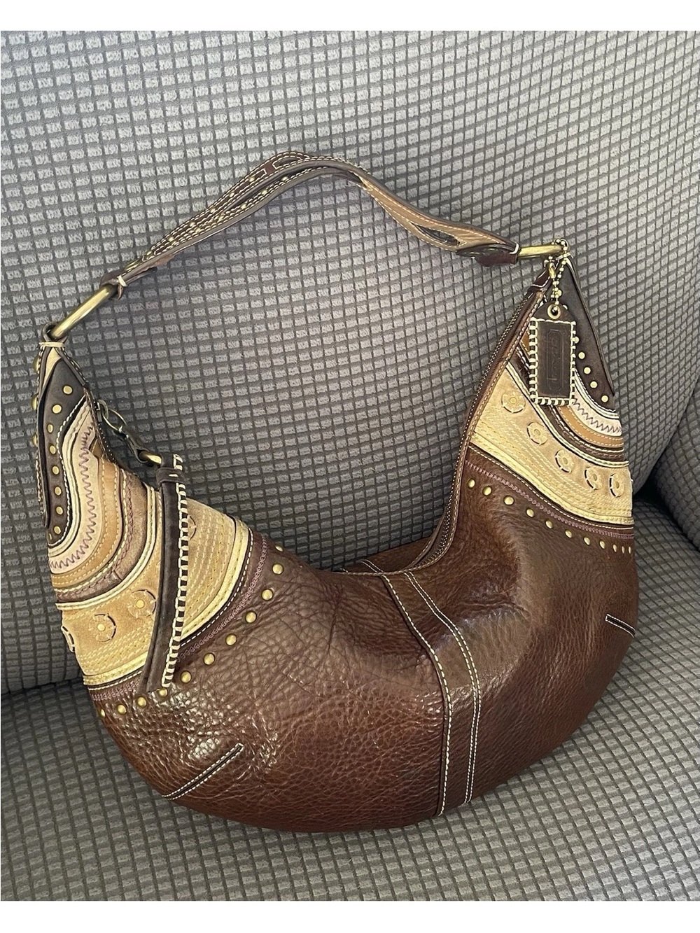 Vtg Y2K Coach Mia Soho Brown Leather Suede Studded Hobo Shoulder Bag 10478